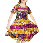 Custom Broncos Rugby Merry Christmas Kid Short Sleeve Dress Indigenous Australian Art