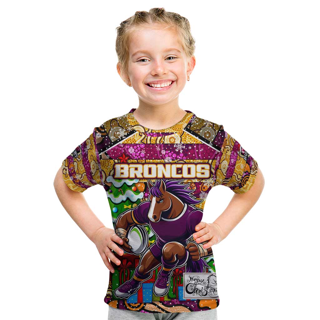 Custom Broncos Rugby Merry Christmas Kid T Shirt Indigenous Australian Art
