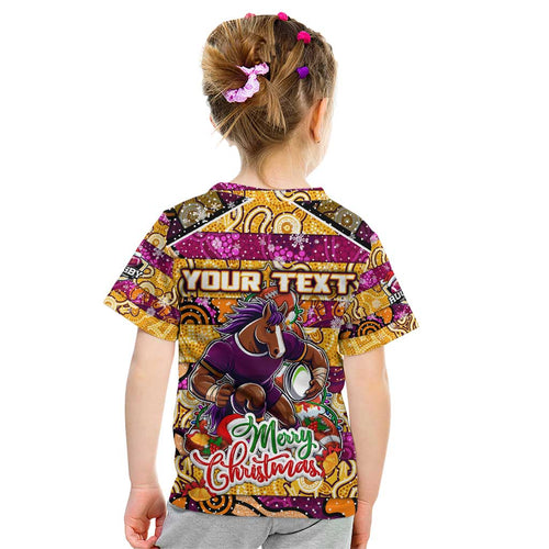 Custom Broncos Rugby Merry Christmas Kid T Shirt Indigenous Australian Art