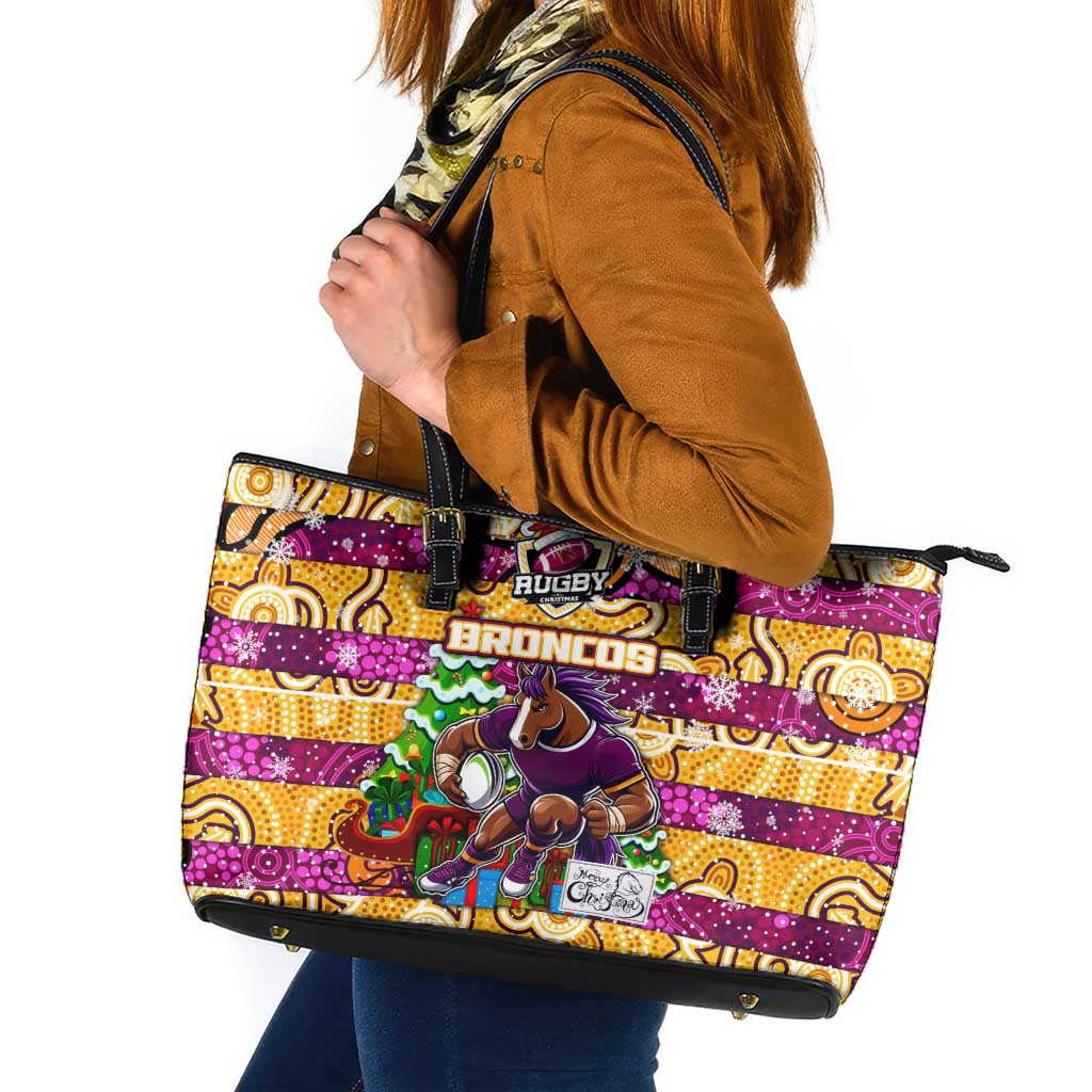 Broncos Rugby Merry Christmas Leather Tote Bag Indigenous Australian Art