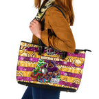 Broncos Rugby Merry Christmas Leather Tote Bag Indigenous Australian Art