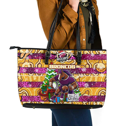 Broncos Rugby Merry Christmas Leather Tote Bag Indigenous Australian Art