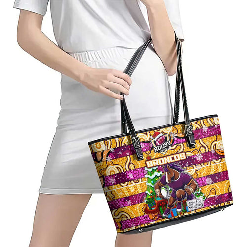 Broncos Rugby Merry Christmas Leather Tote Bag Indigenous Australian Art