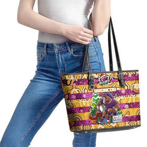 Broncos Rugby Merry Christmas Leather Tote Bag Indigenous Australian Art