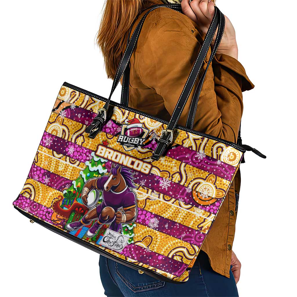 Broncos Rugby Merry Christmas Leather Tote Bag Indigenous Australian Art