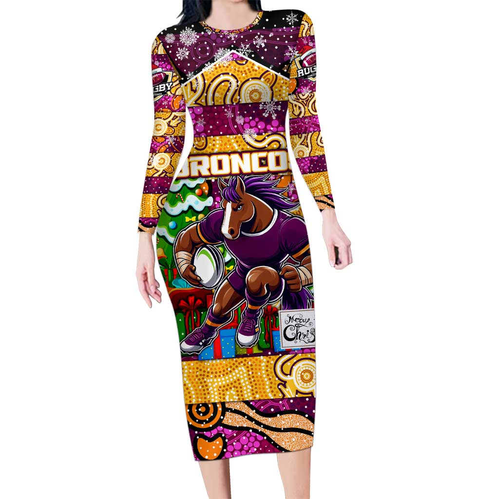 Custom Broncos Rugby Merry Christmas Long Sleeve Bodycon Dress Indigenous Australian Art