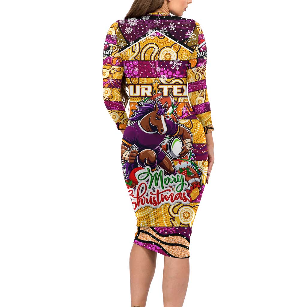 Custom Broncos Rugby Merry Christmas Long Sleeve Bodycon Dress Indigenous Australian Art