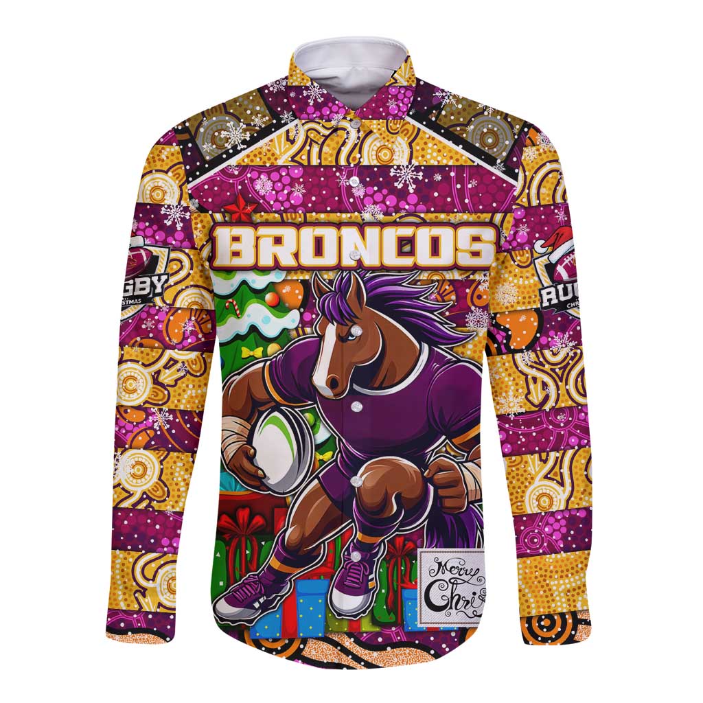 Custom Broncos Rugby Merry Christmas Long Sleeve Button Shirt Indigenous Australian Art
