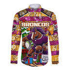 Custom Broncos Rugby Merry Christmas Long Sleeve Button Shirt Indigenous Australian Art