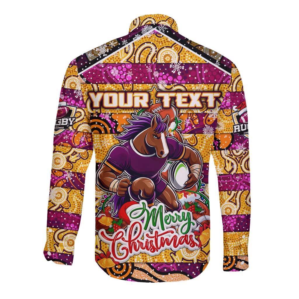 Custom Broncos Rugby Merry Christmas Long Sleeve Button Shirt Indigenous Australian Art