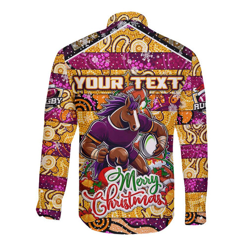 Custom Broncos Rugby Merry Christmas Long Sleeve Button Shirt Indigenous Australian Art