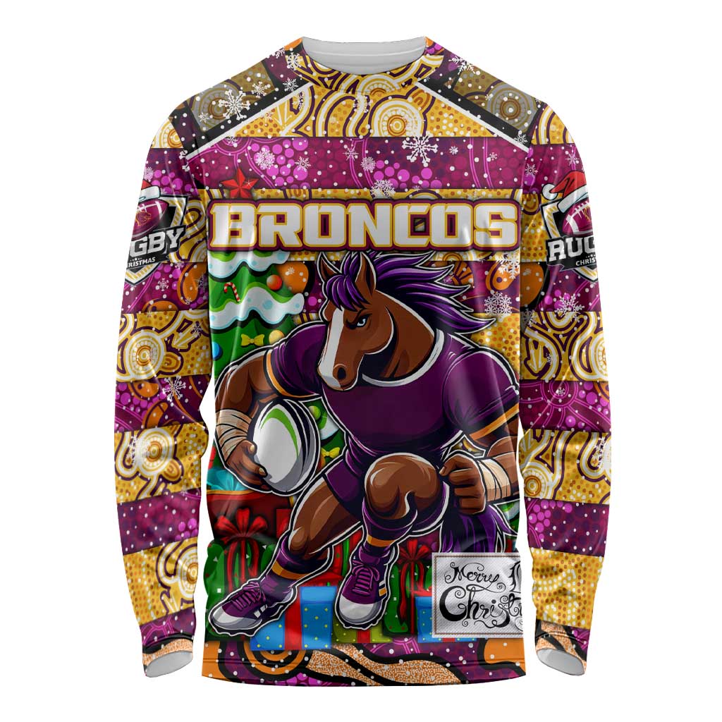 Custom Broncos Rugby Merry Christmas Long Sleeve Shirt Indigenous Australian Art