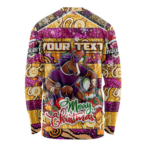 Custom Broncos Rugby Merry Christmas Long Sleeve Shirt Indigenous Australian Art