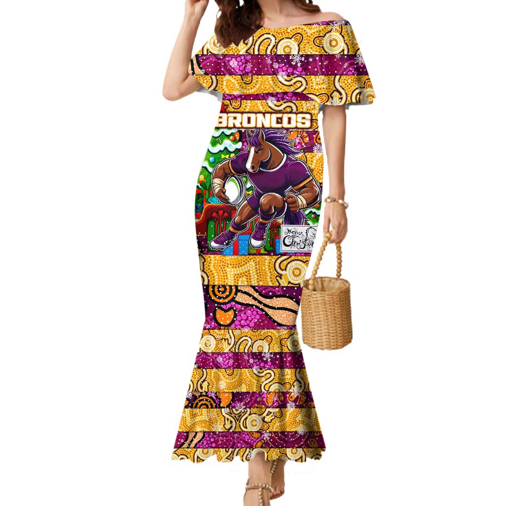 Custom Broncos Rugby Merry Christmas Mermaid Dress Indigenous Australian Art