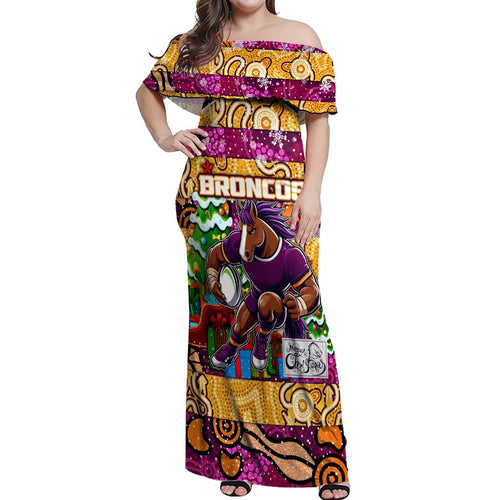 Custom Broncos Rugby Merry Christmas Off Shoulder Maxi Dress Indigenous Australian Art
