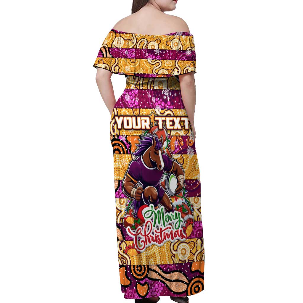 Custom Broncos Rugby Merry Christmas Off Shoulder Maxi Dress Indigenous Australian Art