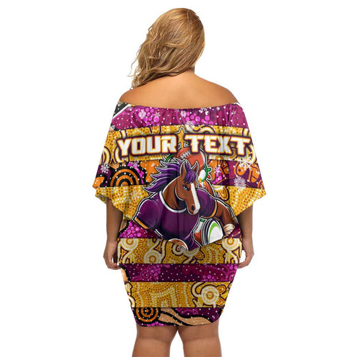 Custom Broncos Rugby Merry Christmas Off Shoulder Short Dress Indigenous Australian Art
