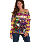 Custom Broncos Rugby Merry Christmas Off Shoulder Sweater Indigenous Australian Art