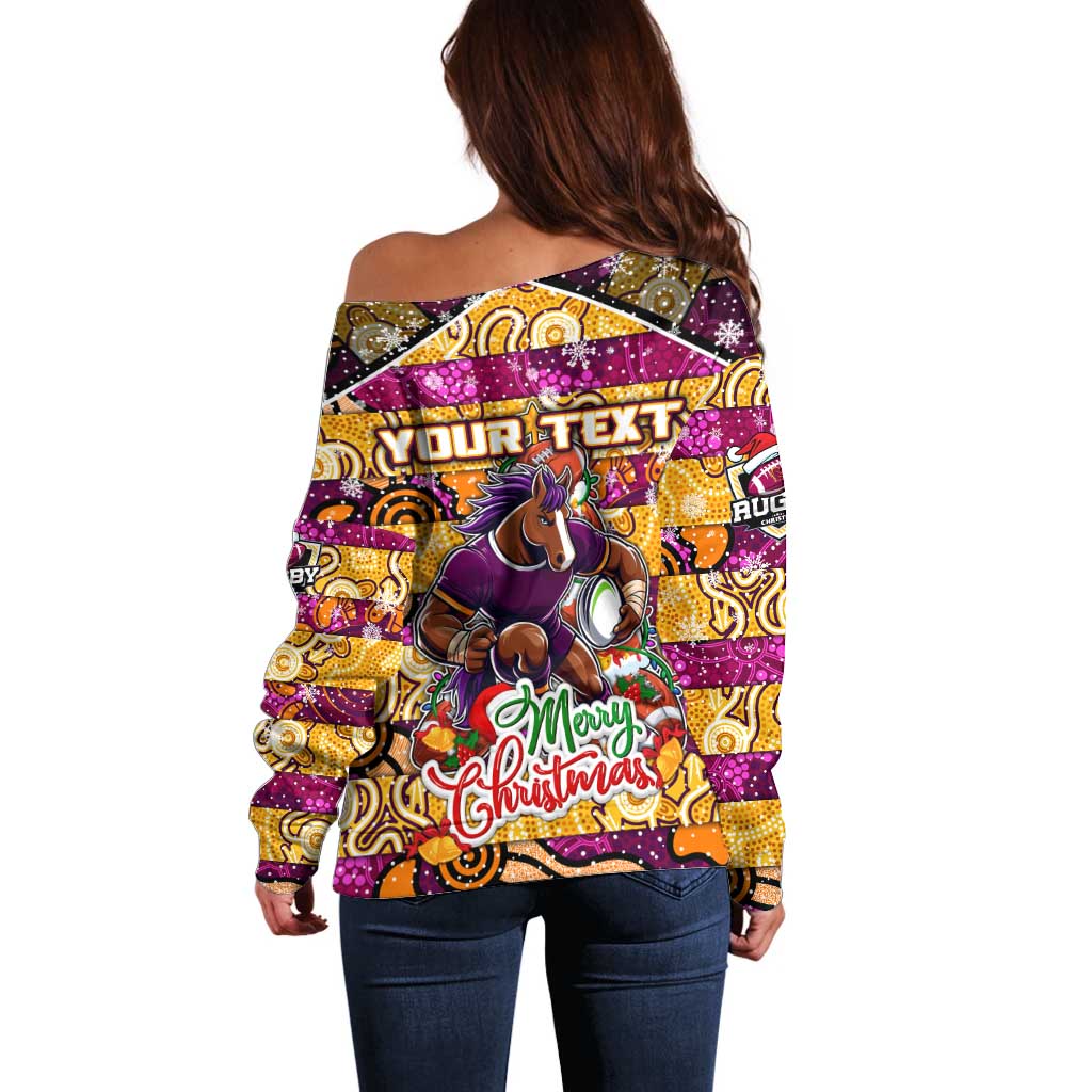 Custom Broncos Rugby Merry Christmas Off Shoulder Sweater Indigenous Australian Art