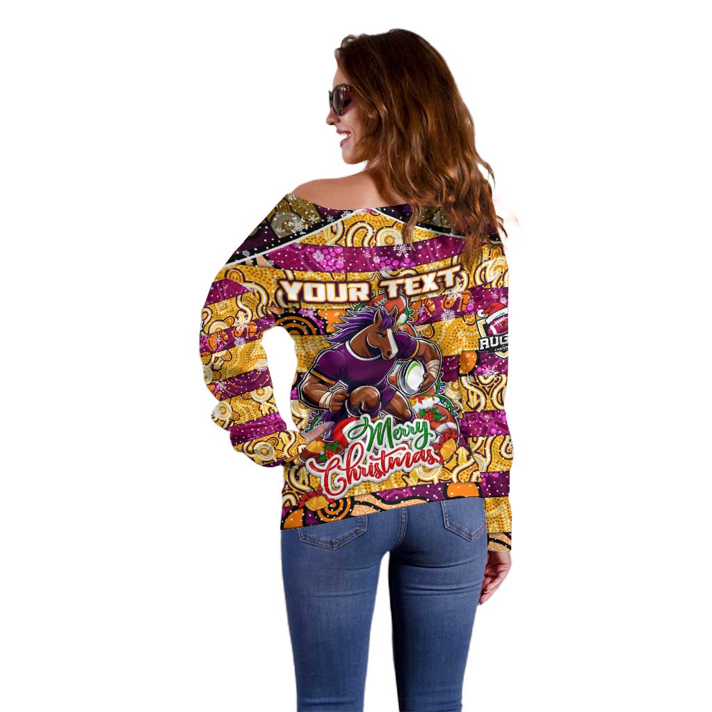 Custom Broncos Rugby Merry Christmas Off Shoulder Sweater Indigenous Australian Art
