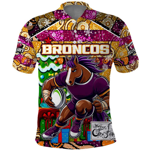 Custom Broncos Rugby Merry Christmas Polo Shirt Indigenous Australian Art