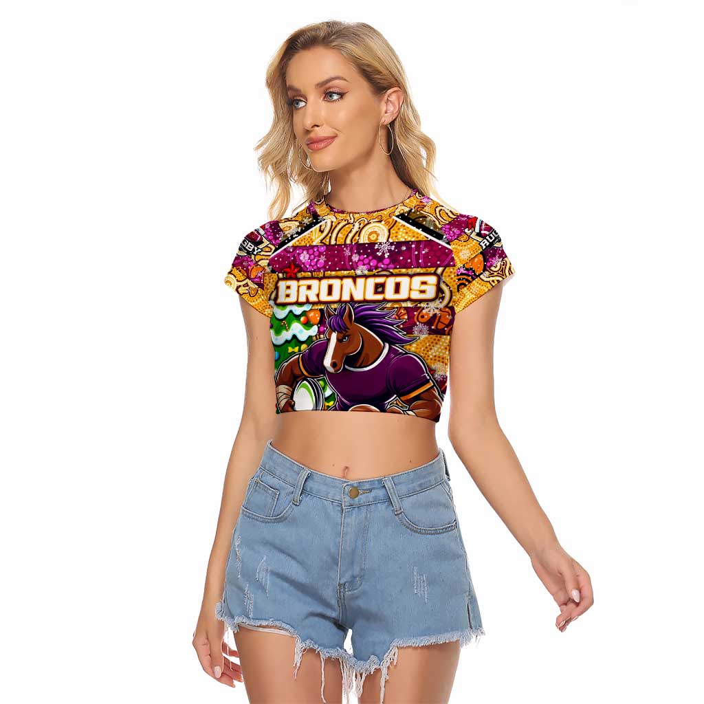Custom Broncos Rugby Merry Christmas Raglan Cropped T Shirt Indigenous Australian Art