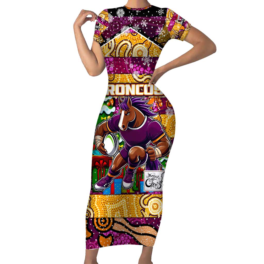 Custom Broncos Rugby Merry Christmas Short Sleeve Bodycon Dress Indigenous Australian Art