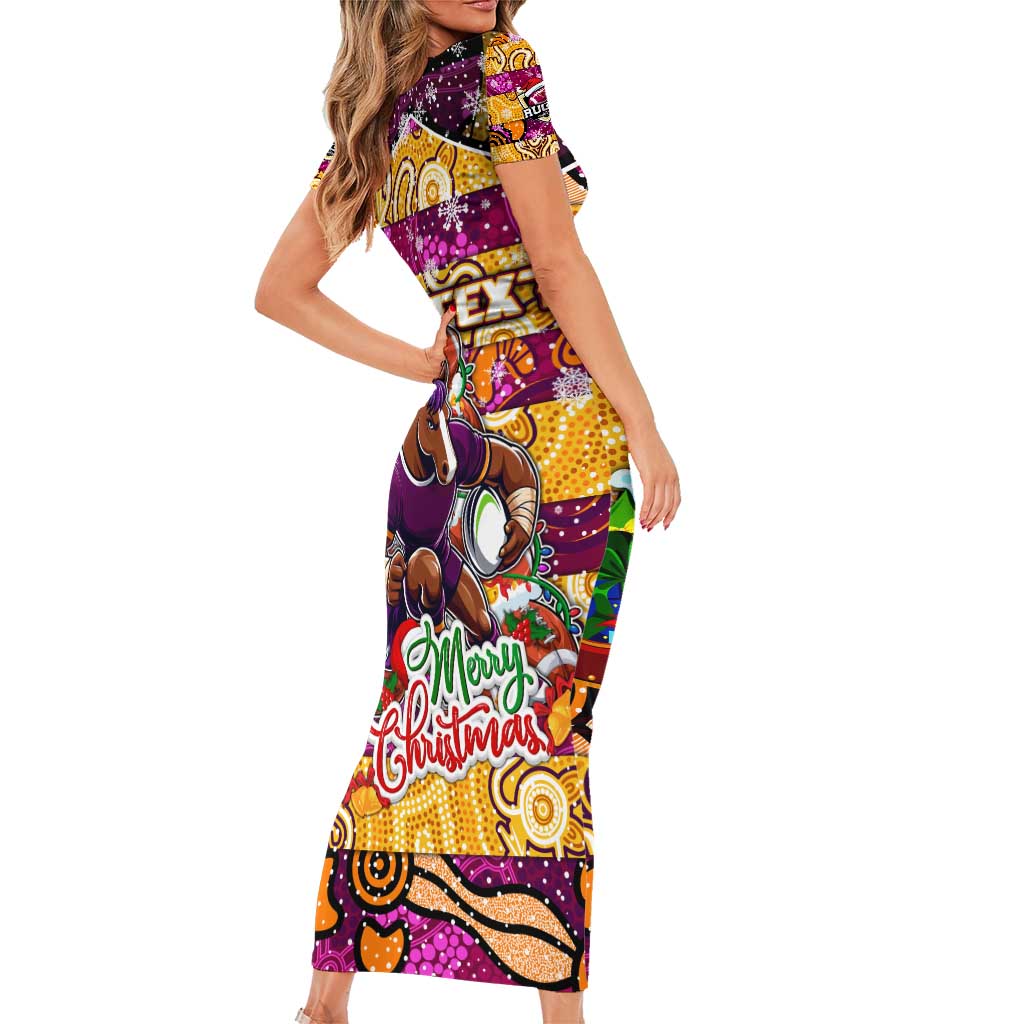 Custom Broncos Rugby Merry Christmas Short Sleeve Bodycon Dress Indigenous Australian Art