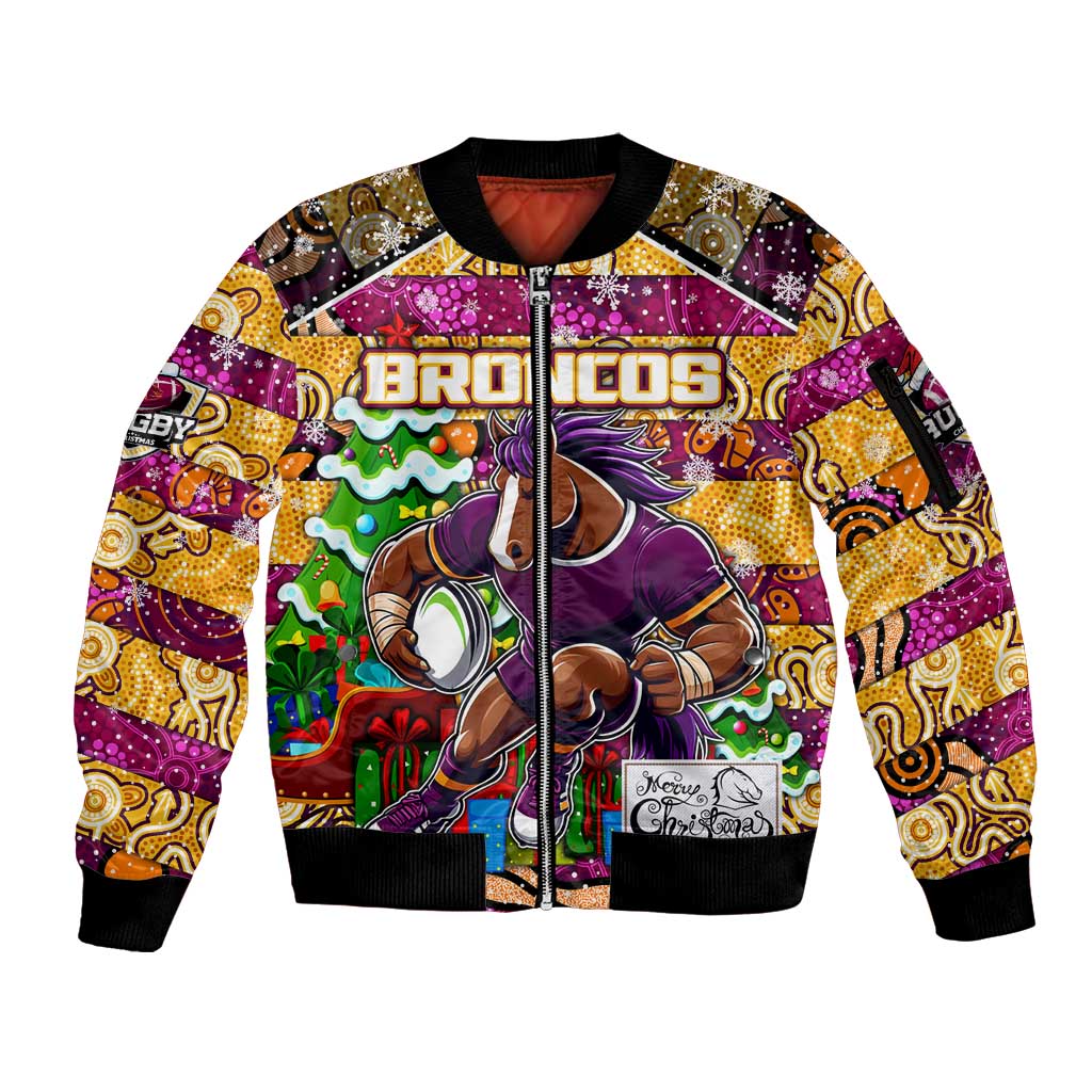 Custom Broncos Rugby Merry Christmas Sleeve Zip Bomber Jacket Indigenous Australian Art