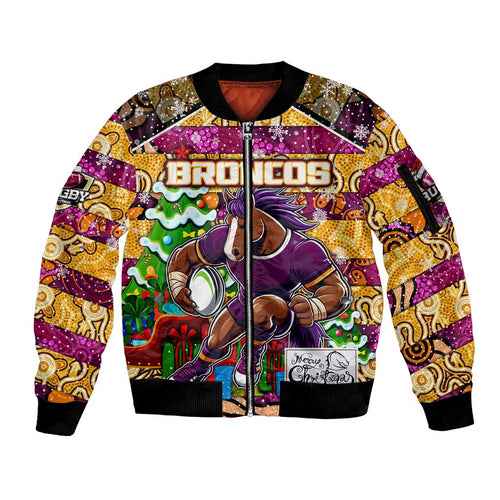 Custom Broncos Rugby Merry Christmas Sleeve Zip Bomber Jacket Indigenous Australian Art