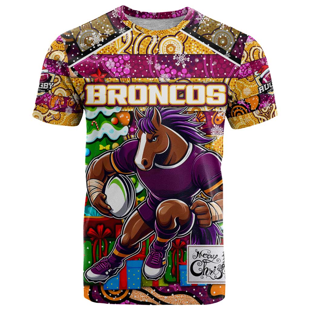 Custom Broncos Rugby Merry Christmas T Shirt Indigenous Australian Art
