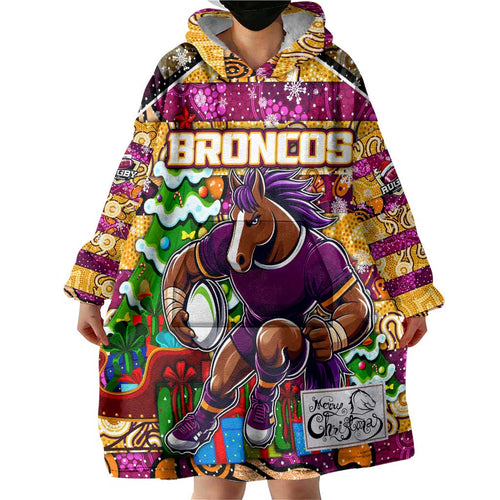 Custom Broncos Rugby Merry Christmas Wearable Blanket Hoodie Indigenous Australian Art