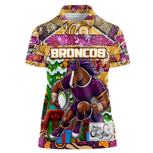Custom Broncos Rugby Merry Christmas Women Polo Shirt Indigenous Australian Art