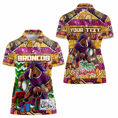 Custom Broncos Rugby Merry Christmas Women Polo Shirt Indigenous Australian Art