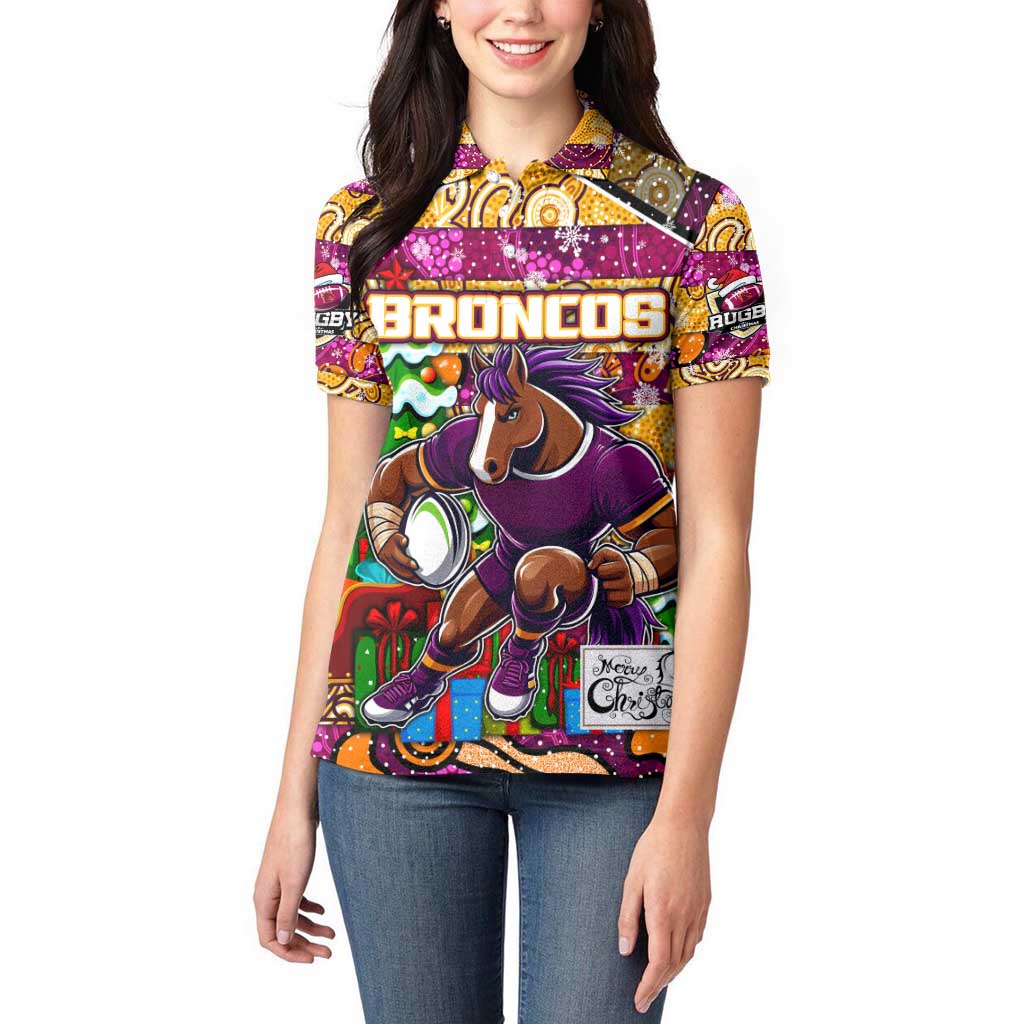 Custom Broncos Rugby Merry Christmas Women Polo Shirt Indigenous Australian Art