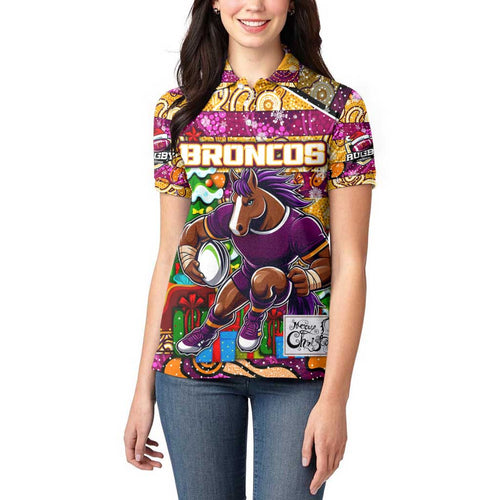 Custom Broncos Rugby Merry Christmas Women Polo Shirt Indigenous Australian Art