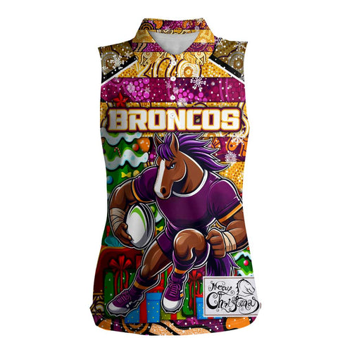 Custom Broncos Rugby Merry Christmas Women Sleeveless Polo Shirt Indigenous Australian Art