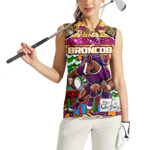Custom Broncos Rugby Merry Christmas Women Sleeveless Polo Shirt Indigenous Australian Art