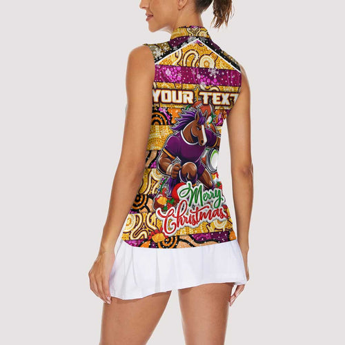 Custom Broncos Rugby Merry Christmas Women Sleeveless Polo Shirt Indigenous Australian Art