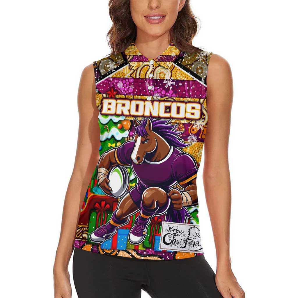 Custom Broncos Rugby Merry Christmas Women Sleeveless Polo Shirt Indigenous Australian Art