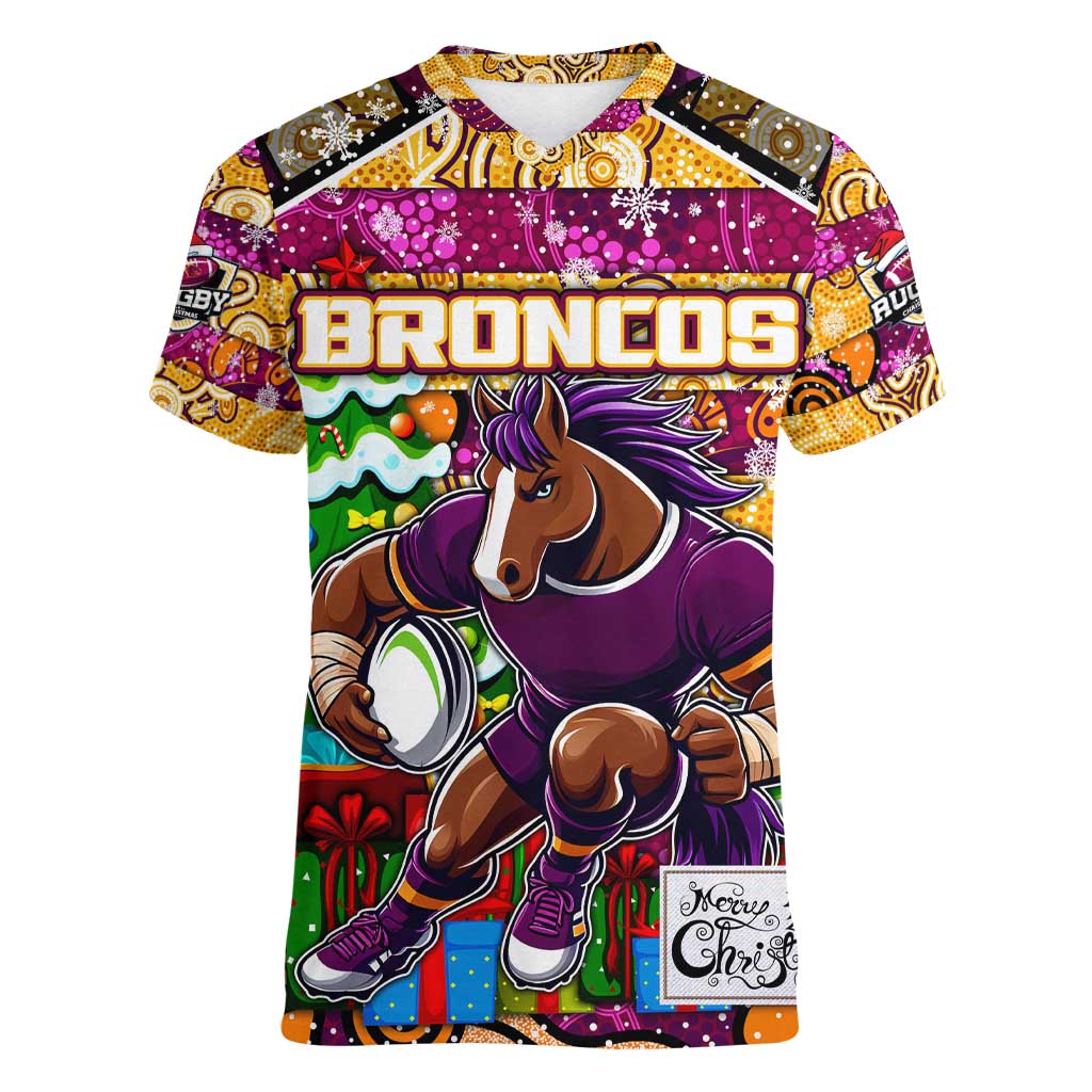 Custom Broncos Rugby Merry Christmas Women V-Neck T-Shirt Indigenous Australian Art