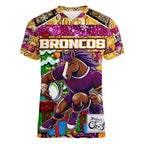 Custom Broncos Rugby Merry Christmas Women V-Neck T-Shirt Indigenous Australian Art