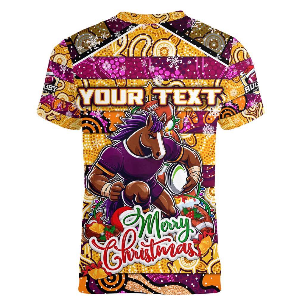 Custom Broncos Rugby Merry Christmas Women V-Neck T-Shirt Indigenous Australian Art