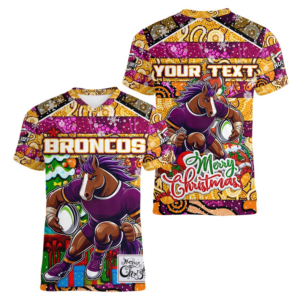 Custom Broncos Rugby Merry Christmas Women V-Neck T-Shirt Indigenous Australian Art