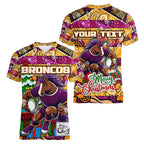 Custom Broncos Rugby Merry Christmas Women V-Neck T-Shirt Indigenous Australian Art