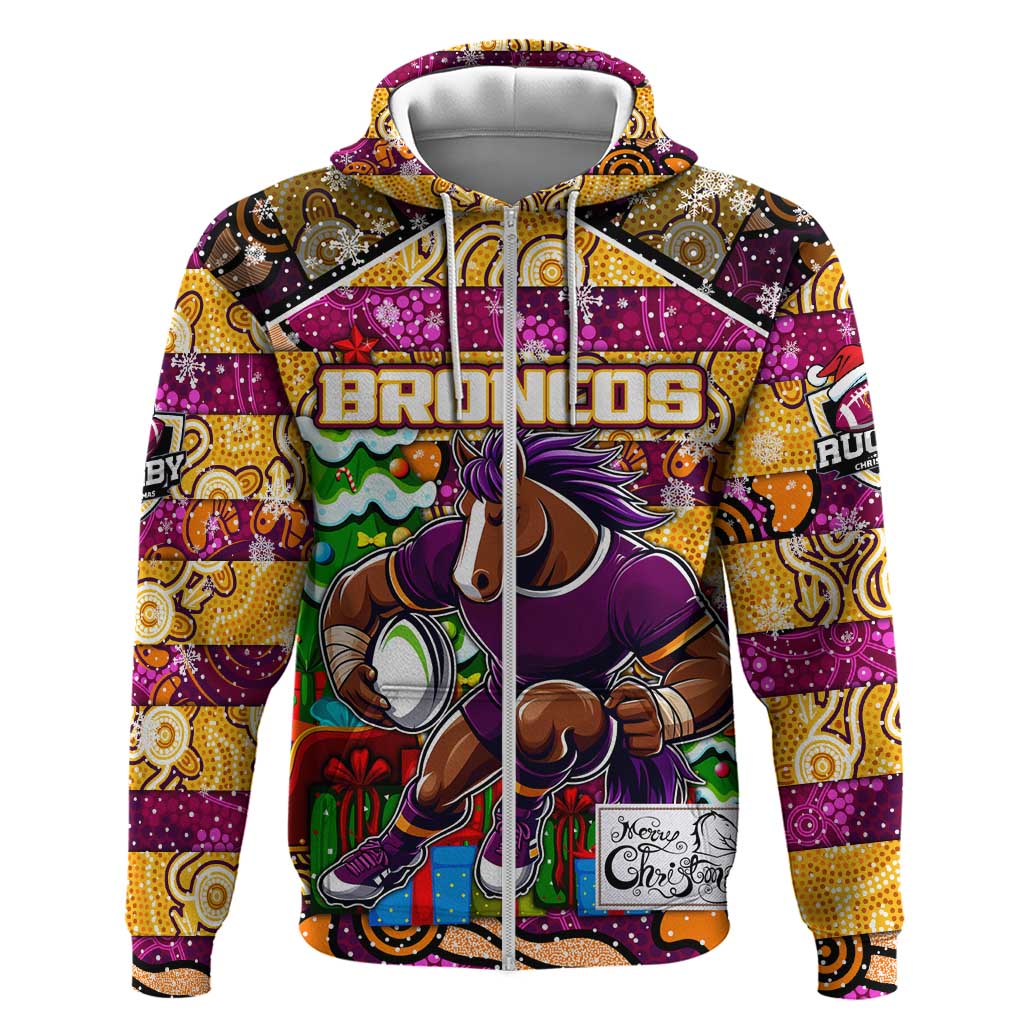 Custom Broncos Rugby Merry Christmas Zip Hoodie Indigenous Australian Art