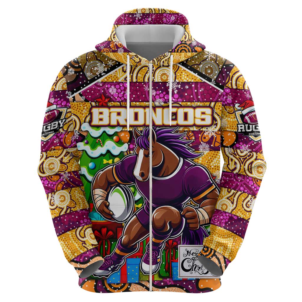 Custom Broncos Rugby Merry Christmas Zip Hoodie Indigenous Australian Art