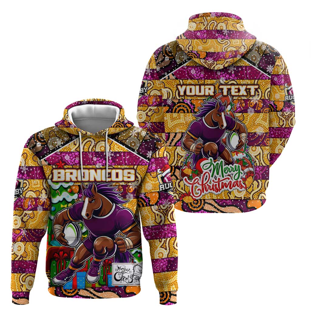 Custom Broncos Rugby Merry Christmas Zip Hoodie Indigenous Australian Art