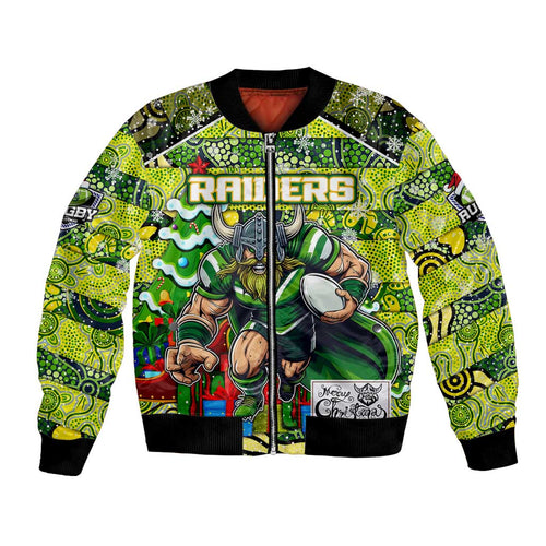 Custom Raiders Rugby Merry Christmas Bomber Jacket Indigenous Australian Art