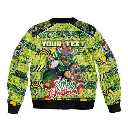 Custom Raiders Rugby Merry Christmas Bomber Jacket Indigenous Australian Art
